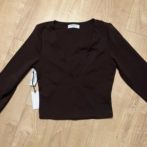 Aritzia Babaton Brown Long Sleeve V-Neck Crop Top